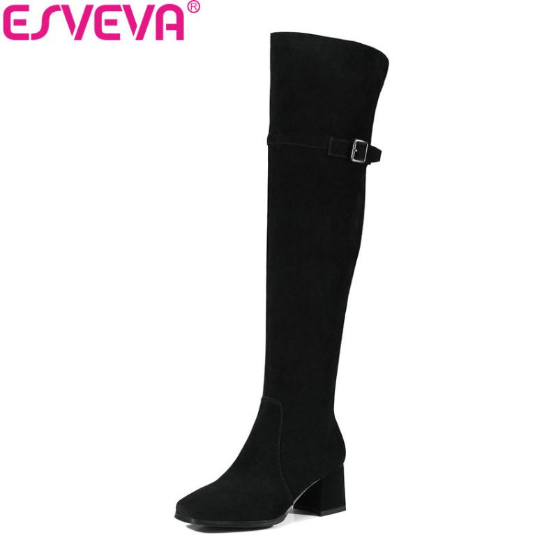 

ESVEVA 2020 Women Boots Cow Suede Out Door Square Toe Warm Fur Over The Knee Boots Square High Heels Long Shoes Size 34-39, Black