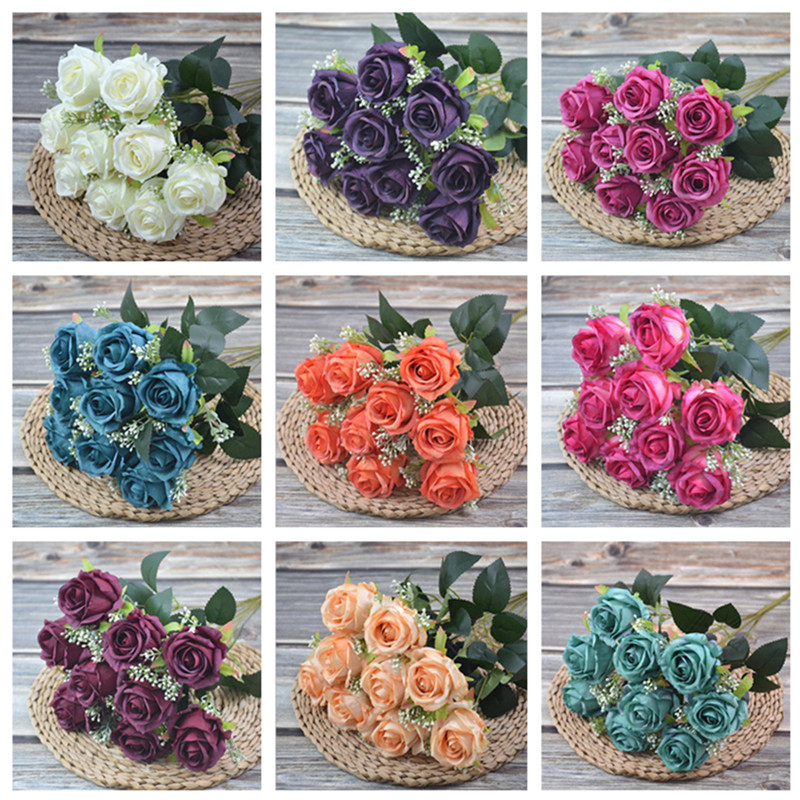 

7Pcs Fake Oil Painting Rose (9 heads/bunch) 17.72" Length Simulation Roses Plastic Fruit for Wedding Home Artificial Flowers, 04