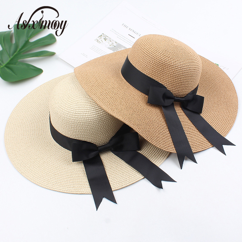 

Summer Straw Hat Women Wide Brim Sun Protection Beach Hat 2020 Adjustable Fedora Foldable Ribbon Bow Sun Hats for Women Ladies, Pink