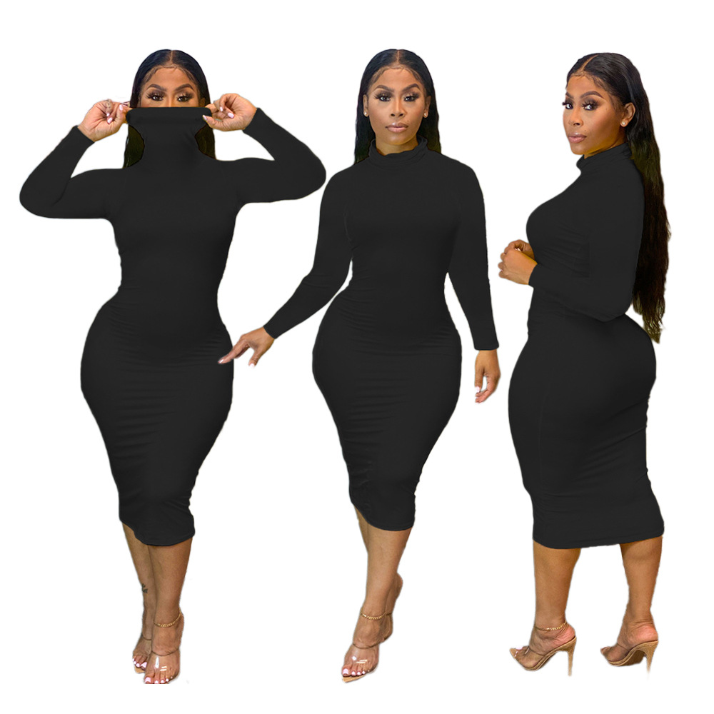 

Women Turtle Neck Dress Spring Autumn Solid Slim Fit Long Sleeve Casual Dresses Famale Skinny Clothes