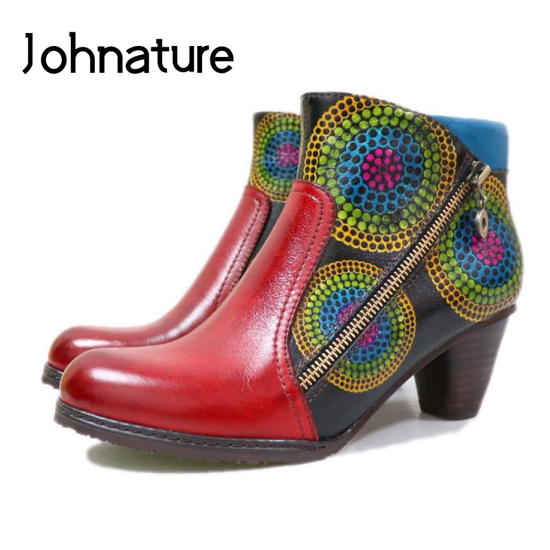 

Johnature Women Shoes 2020 New Winter Ankle Boots Genuine Leather Round Toe Hand-painted Zip Flower National Style Women Boots, Black
