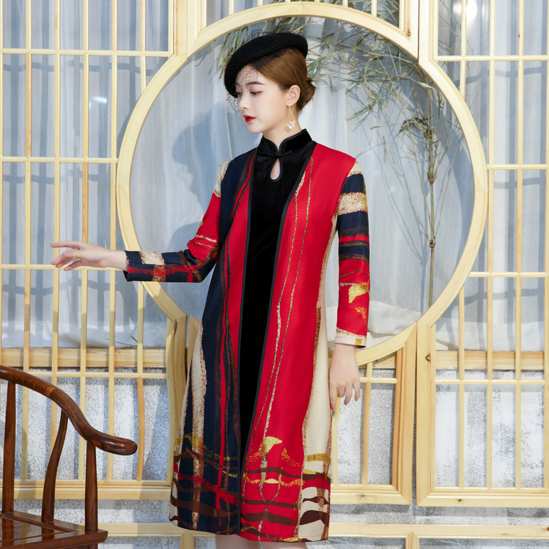 

Cheongsam 2020 New Female Chinese Style Retro Long-Sleeved Spring And Autumn Improved Two-Piece Suit Dress Classic Modern Qipao