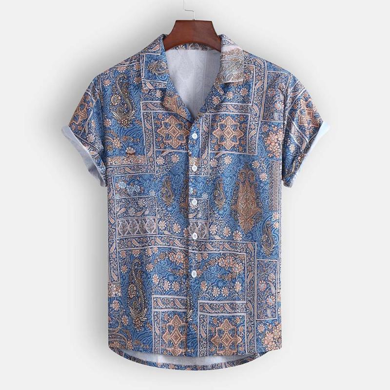 

Summer Men' Shirt Fashion Casual Lapel Print Short Sleeve Shirt Top Blouse Male Clothes plus size para hombre camisa masculina, Blue