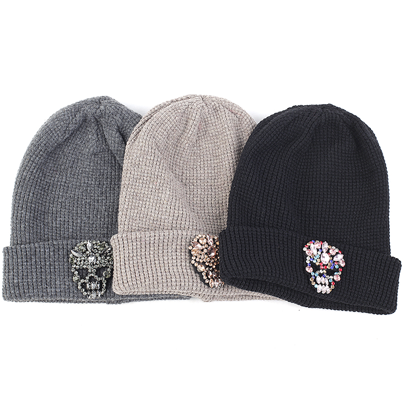 

Soft Wool Cotton Knitting Woman Skull Bone Rhinestones Accessories Beanies Hats Skullies Beanies Hats For Ladies Girls, Pink black