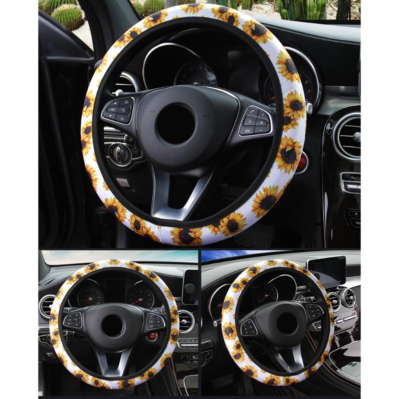 

Sunflower Steering Wheel Cover Round Elastic Protector Universal Fits 37-38cm Car Decoration Accessories