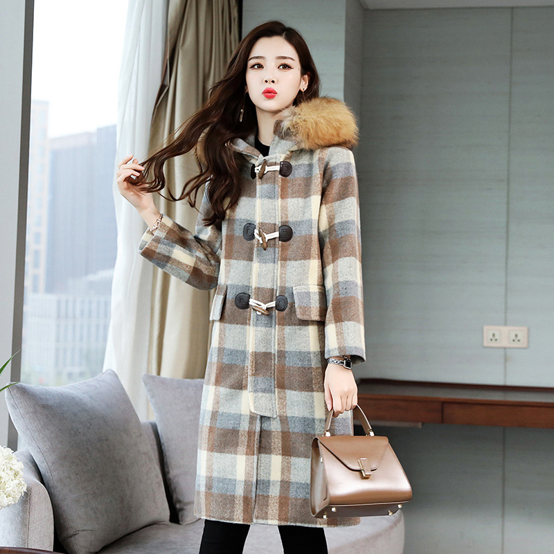 

Plaid hooded woolen coat horn button autumn / winter women' woolen coat quilted long section jacket collar Nagymaros, Clear