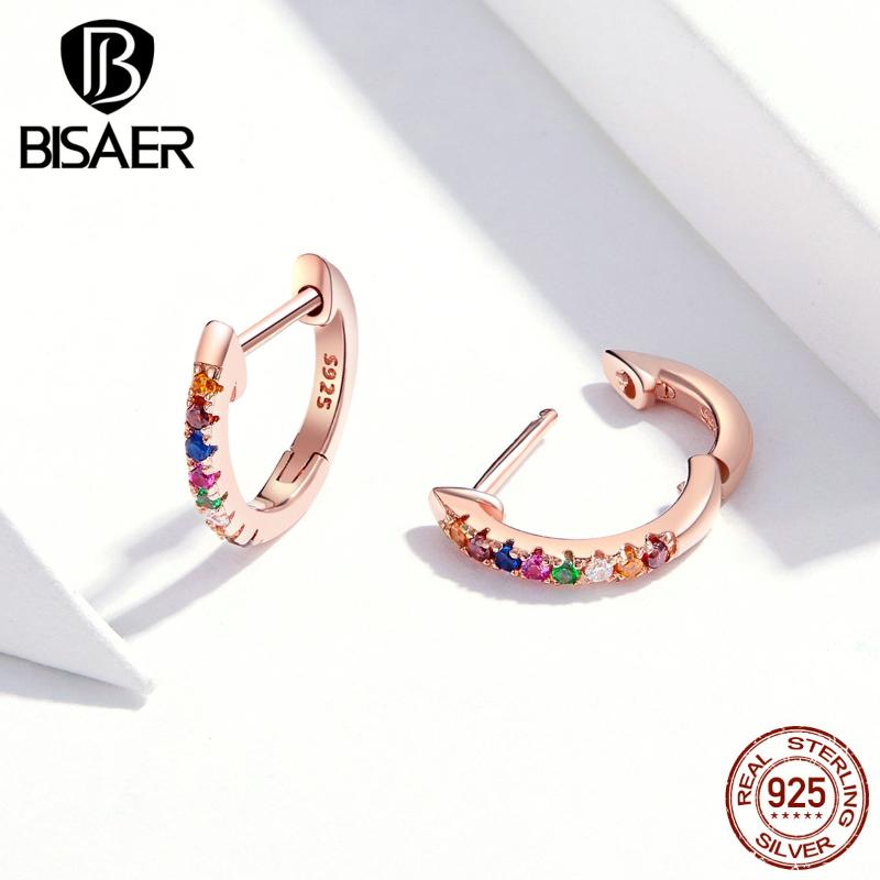 

Hot Sale Simple Round Earrings BISAER 925 Sterling Silver Circle Colorful Zircon Women Stud Earrings Wedding Jewelry