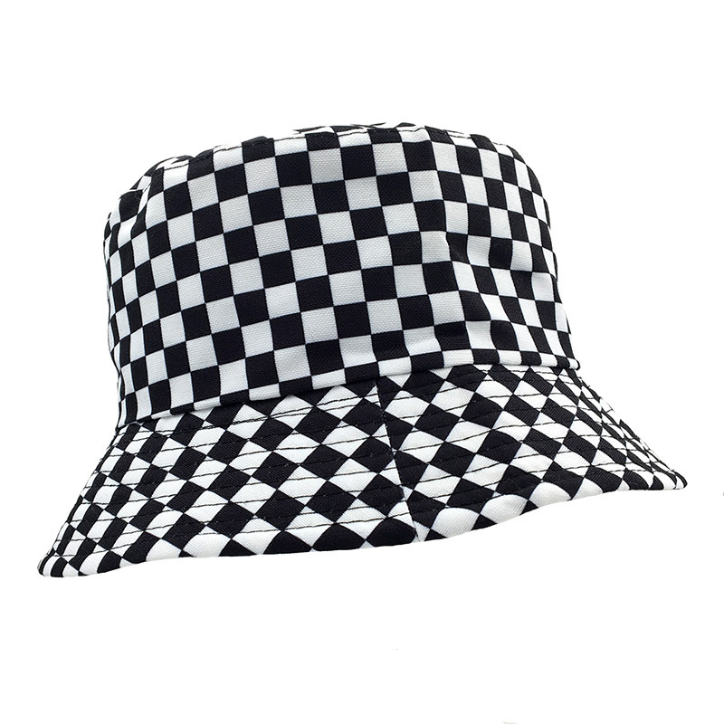 

Wide Brim Hats Black And White Plaid Lattice Sun Hat Fisherman Double-sided Protection Basin