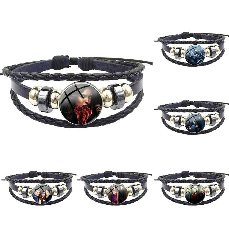 

Vampire Diaries For Women Fashion Jewelry New Brand Jewelry With Glass Caochon Black Leather Bracelet Bangle