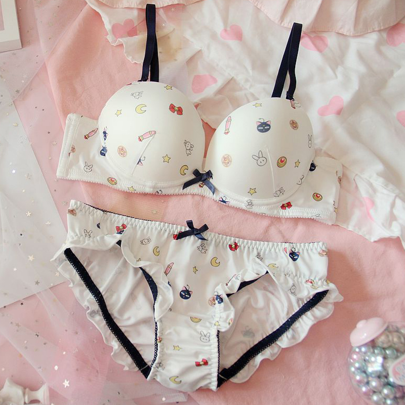 

Cute White Print Japanese Bra & Panties Set Underwire Soft Underwear Sleep Intimates Set Kawaii Lolita Bra and Panty