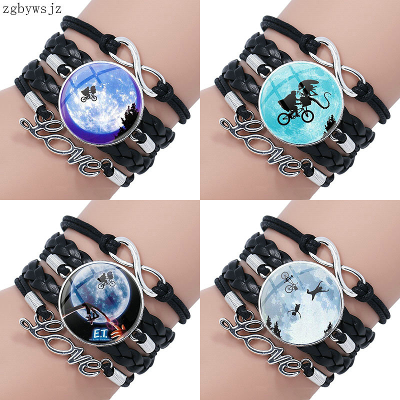 

Ellioand E T in front of the Moon For Lovers Best Friendship Vintage Jewelry Plated Multilayer Black Leather Bracelet Bangle