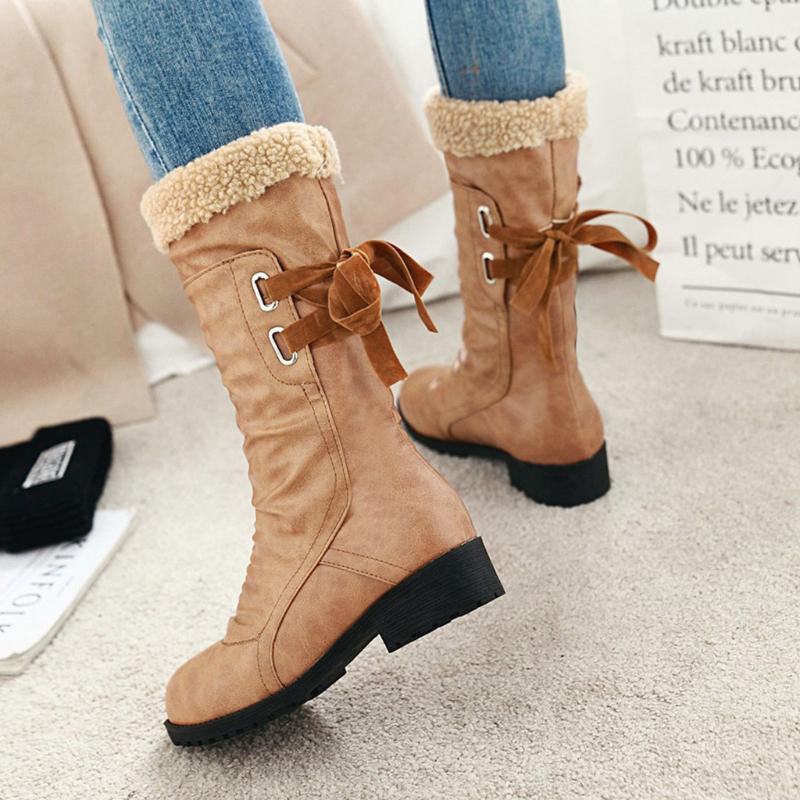 

Fashion Women's Winter Boots Ladies New Round Toe Mid-Calf Shoes Comfortable Flat Warm Boots Stylish Back Lace-Up shoes, Bk