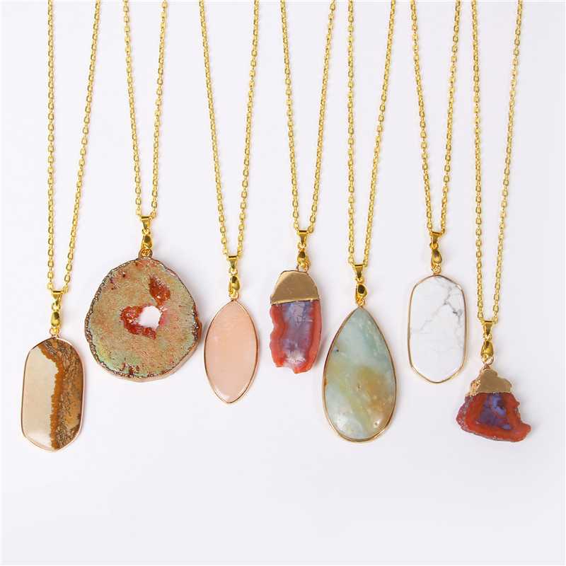 

Druzy Agates Necklace for Women Men Crystal Quartz Slice Pendant Necklaces Charms Collar Brincos Chain Natural Stone Pendant
