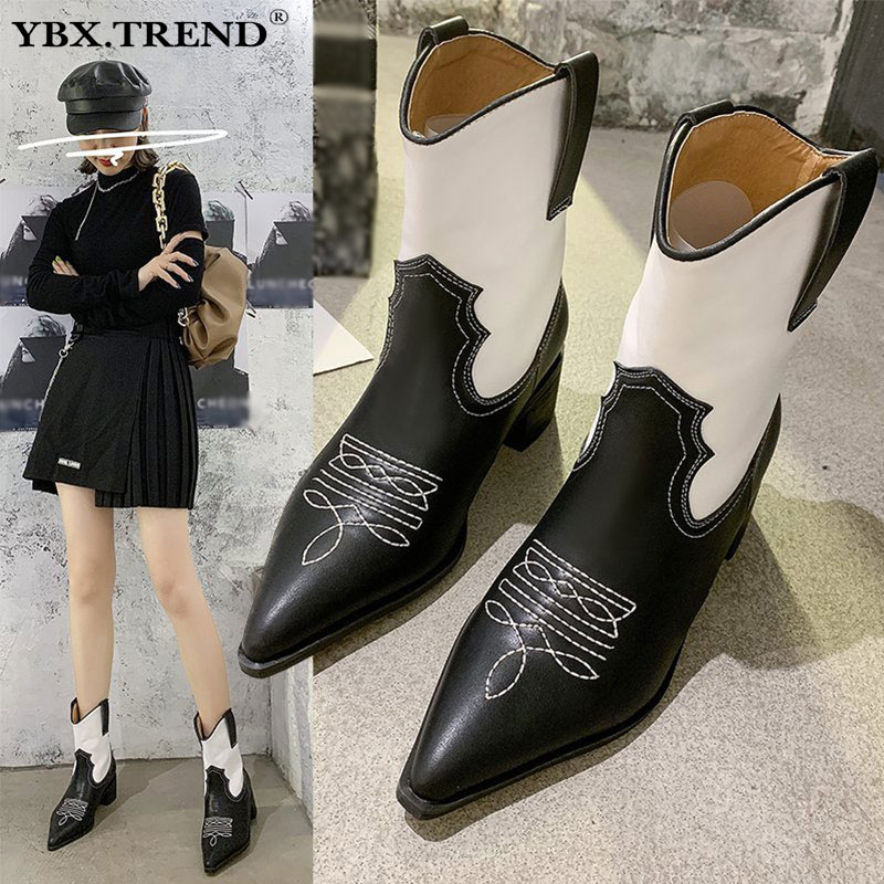 

Women Mid Carf Boots Sewing PU Leather Pointed Toe Boots Woman Ladies Square Heels Slip On Fashion Shoes Female Casual Footwear, Black