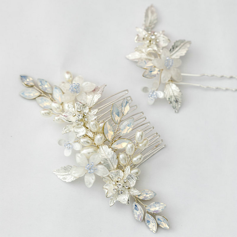 

Opal Crystal Flower Bridal Hair Comb Silver Colour Leaf Hairpin Bride Wedding Hair Accessories