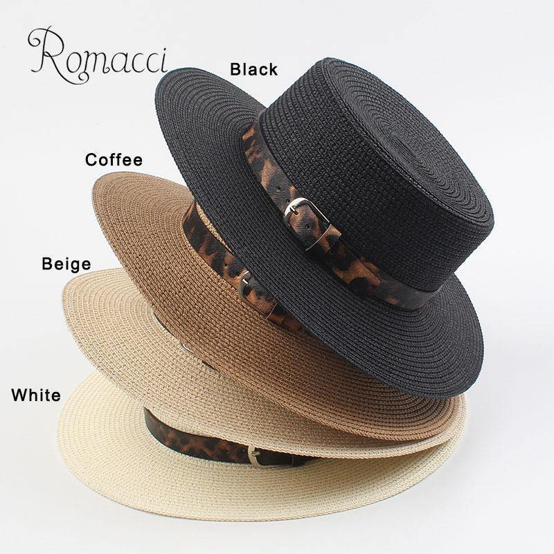 

Vintage Straw Hat Women Leopard Print Band Flat Top Adjustable Foldable Boater Sun Hat Casual Panama Vacation Cap Summer, White
