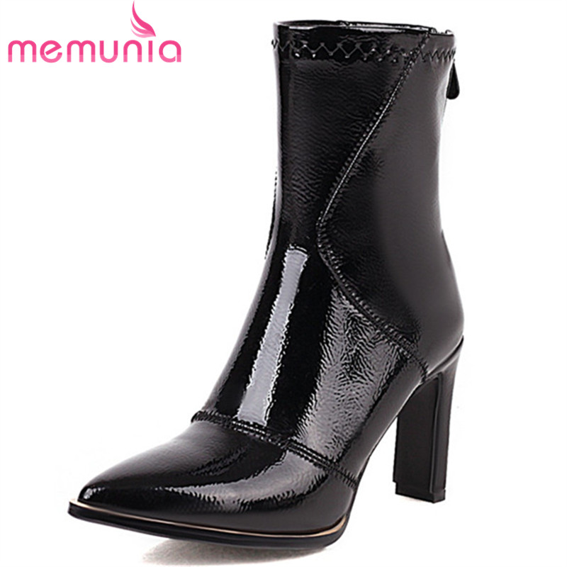 

MEMUNIA top quality stretch patent leather high heel boots women party dress shoes pointed toe autumn winter ankle boots woman, Beige not fur