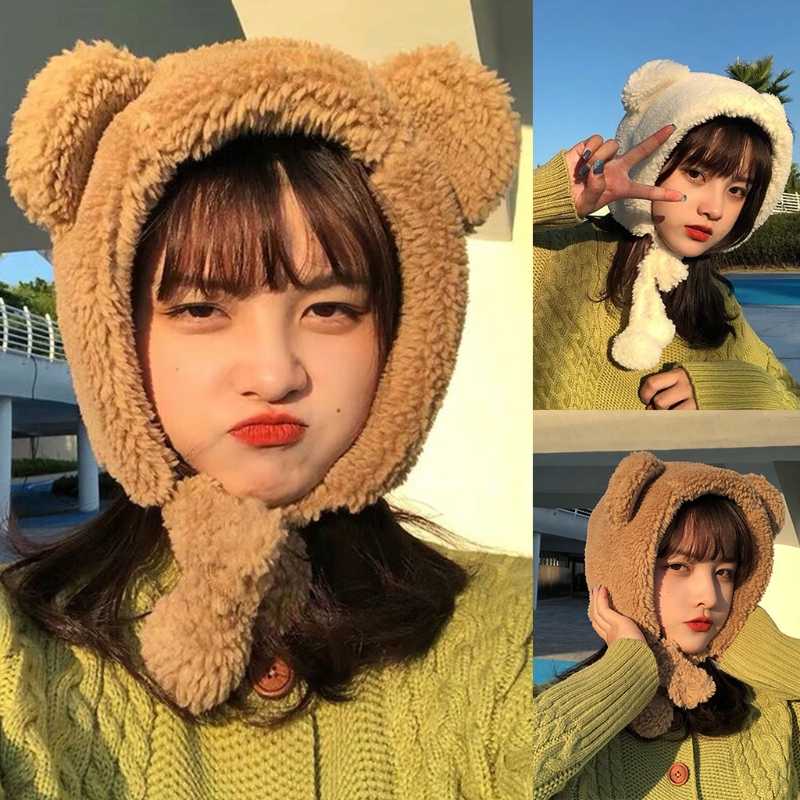 

Women Thicken Plush Warm Earflap Hat Bear Ears Windproof Beanie Cap Chin Strap, White
