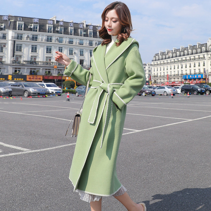 

Woolen coat female long section autumn and winter hooded band width pine 2020 new foreign gas Korean version of the knee, Creamy-white