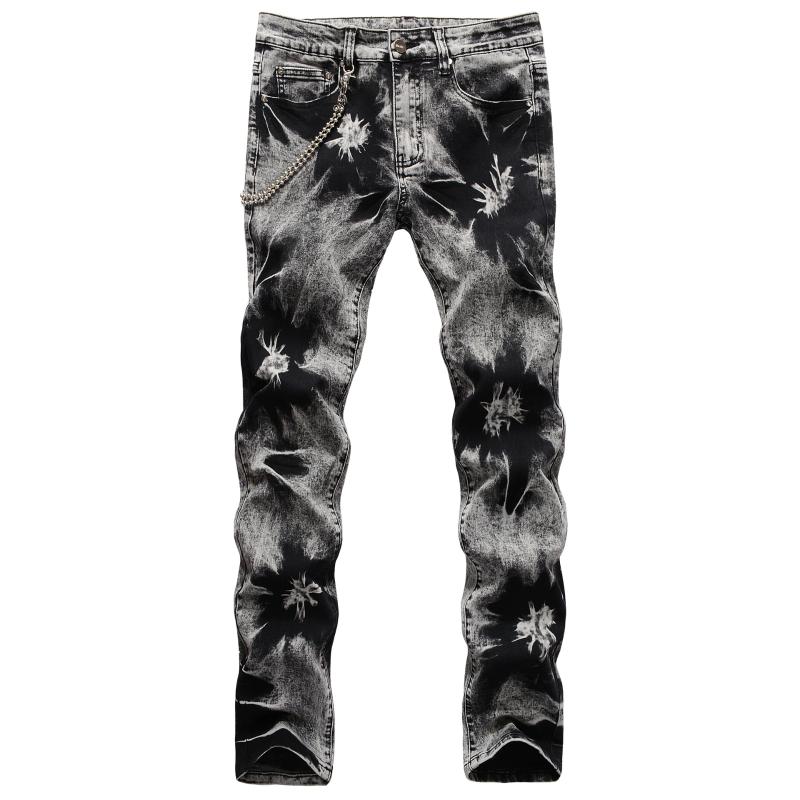 

Europe Style Hip Hop Retro Jeans Men Lanyard Snow Pattern Stretch Slim Full Length Denim Trousers Male, Black