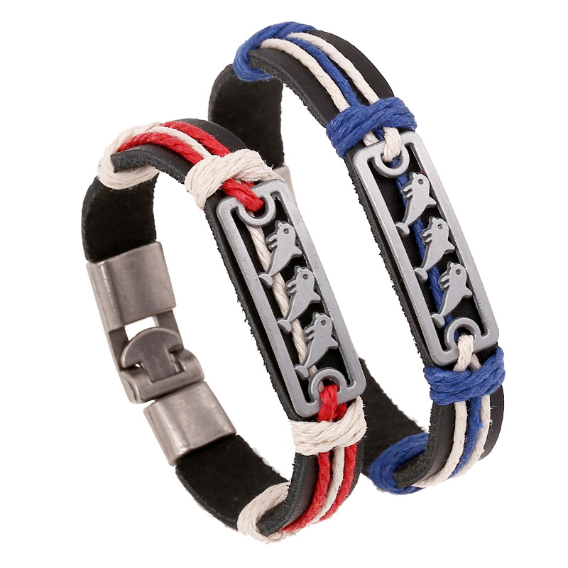 

Cute Dolphin Charm Lovers' Bracelet Zinc Alloy+Genuine Leather Bracelets For Couple Cord Handmade Bangle Boy/Girl Bileklik