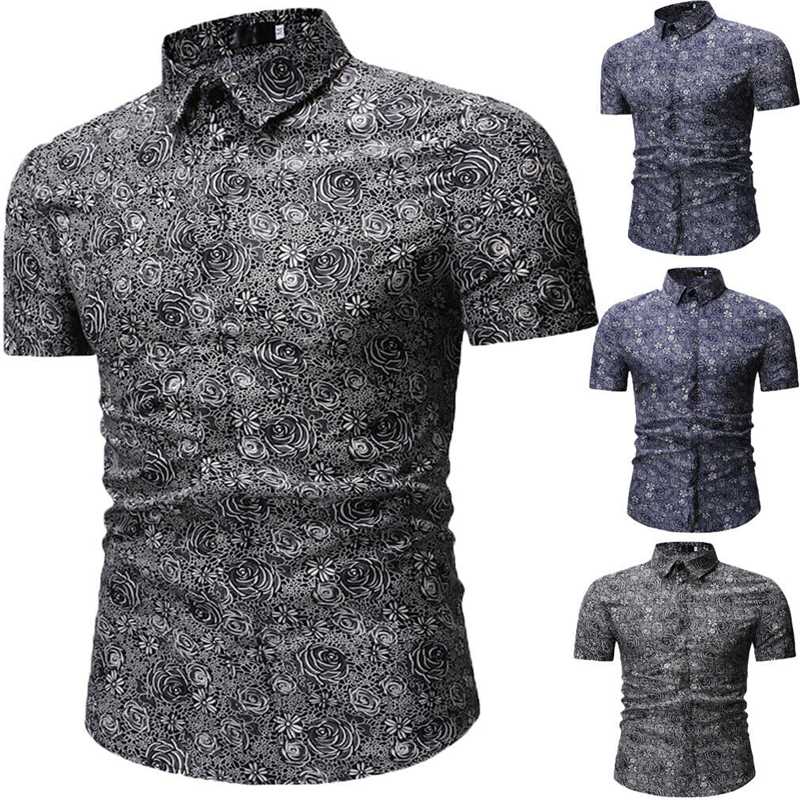 

2020 New Fashion Men's Casual Slim Fit Print Shirt Tops Summer Short Sleeve Turn-down Collar Shirts Tee, Gray