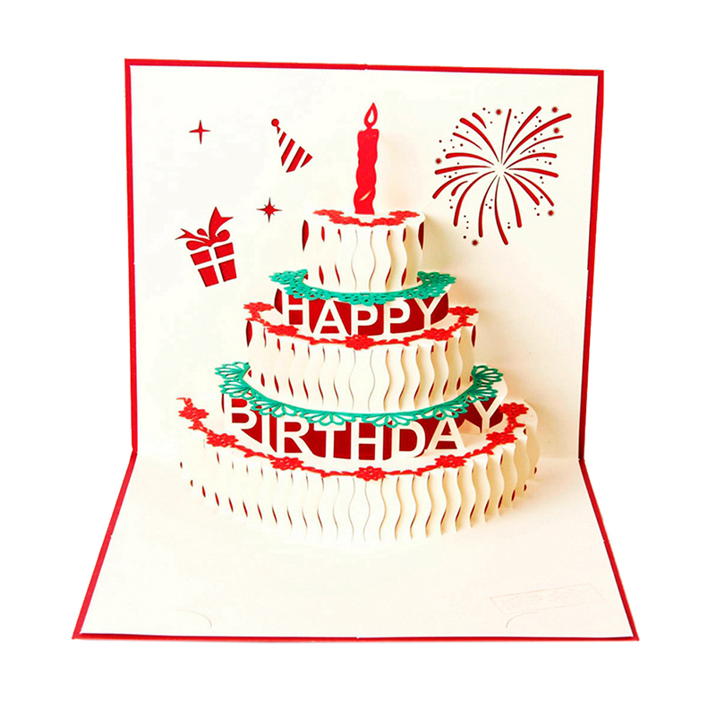 

Happy Birthday Postcard Greeting Gift Cards Paper 3D Handmade Up Laser Cut Vintage Cake with Envelope red