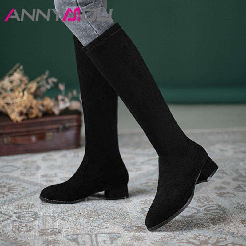 

ANNYMOLI Med Heel Knee High Boots Woman Boots Round Toe Long Chunky Heel Female Slim Stretch Shoes Autumn Winter Black 43, Black synthetic lin