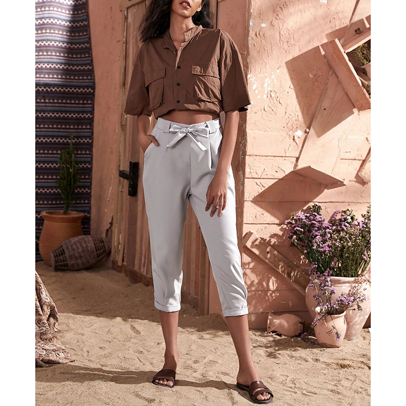 

2020 Fashion Women Knotted Bow Bandage Ankle-length Harem Pants England Stylish Casual Solid Pockets Carrot Trousers SJ6791V, Gray