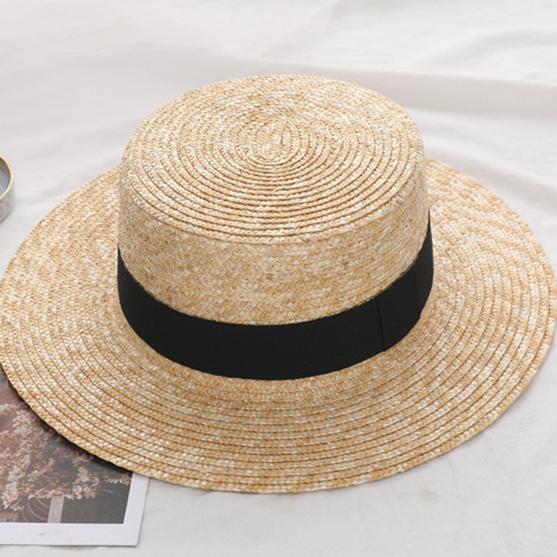 

Summer Women's Boater Beach Hat Wide side Female Casual Panama Caps Lady Classic Flat Bowknot Straw Sun Hats Women Fedora cap, White