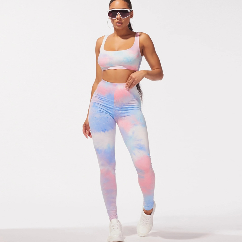 

High Quality Tight High Waist Trousers Suit Women' Sports Two Piece Set Fashion Tie-dye U-neck Vest Top, Blue