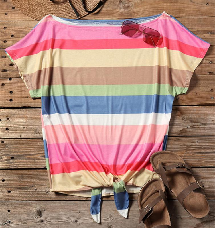 

Fashion Striped Off Shoulder Tie tees Women Slash neck Tops Tee 2020 New Female Short Sleeve T-Shirt Casual Summer Shirts, As pic