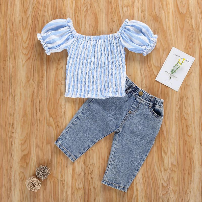 

Summer Kids Girls 2 Pieces Clothes Outfits Baby Suit Set Striped U-Neck Short Sleeve Top and Solid Color Jeans, As pic
