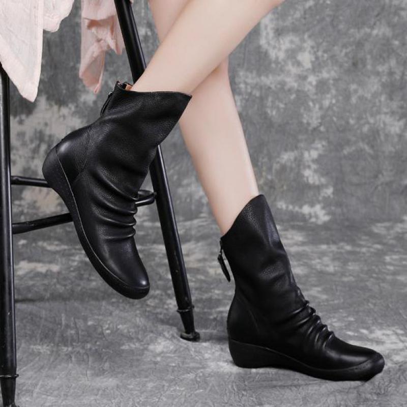 

Johnature Genuine Leather Women Boots Round Toe Flat With Sewing Women Shoes 2020 New Autumn Winter Zip Handmade Platform Boots, Black
