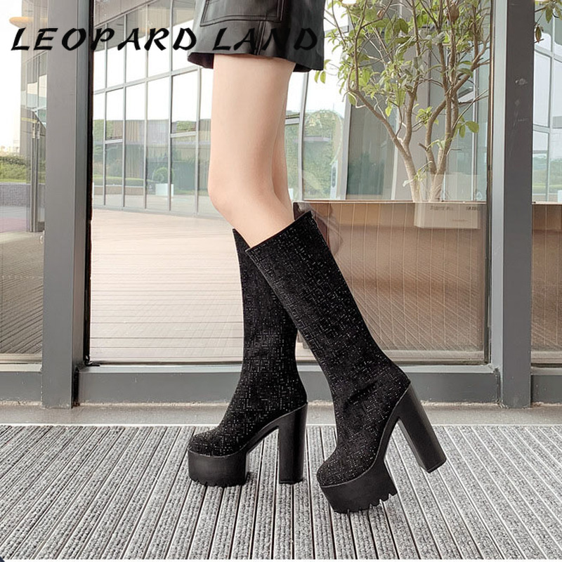 

LEOPARD LAND 2020 New All-Water Diamond Stage Nightclub Performance Rough Heeled High Heeled Boots High Boots -2323-10, Black