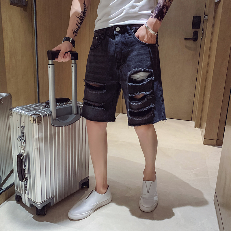 

Korean New Fashion Loose Denim Shorts Super Handsome Brokean Hole Mens Short Jeans Wild Youthful Shorts Good Quality, Black