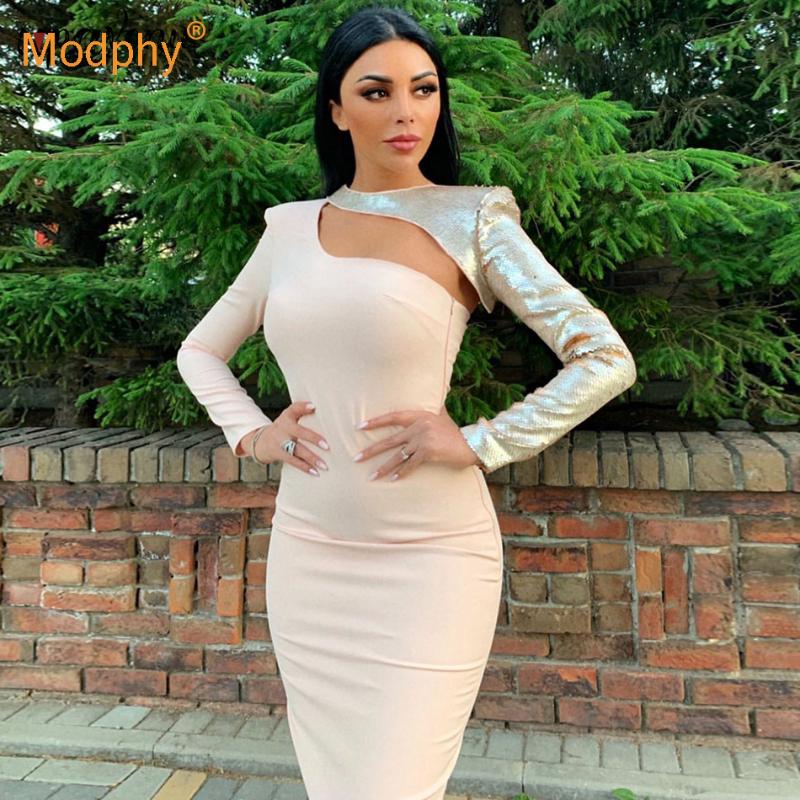 

Elegant Sequin Party Dress Vestidos 2020 New Bandage Runway Club Dress Sexy Long Sleeve Nightclub Skeleton Woman Halter, Black