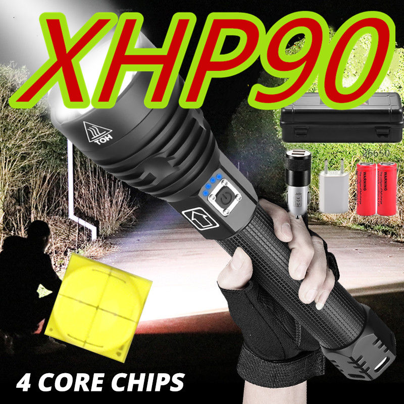 

80000LM Most Powerful XHP90.2 LED Brightest Zoom Torch XHP50 USB Rechargeable Lamp By 18650 26650 for Camping Hunting