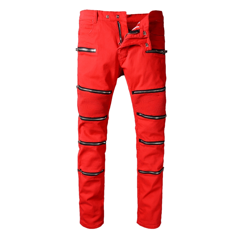 

New Men's male fashion casual red jeans stretch motorcycle denim pants high-end quality trousers