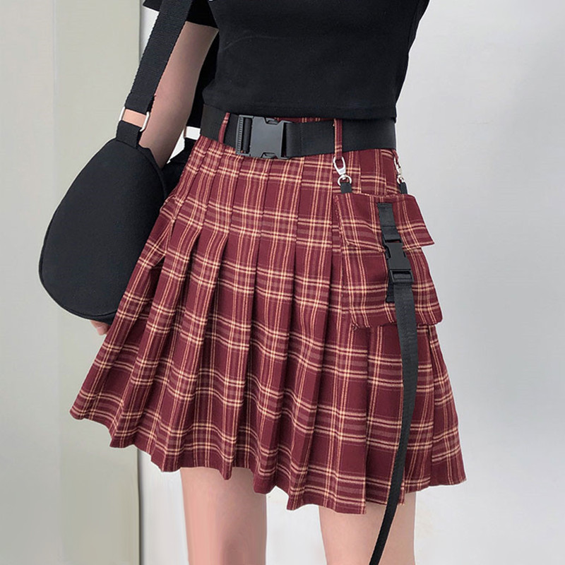 

Harajuku Streetwear Cargo Mini Skirts Womens Sexy High Waist Plaid Skirt Summer Casual A-line Short Pleated Skirt with Pocket, Black