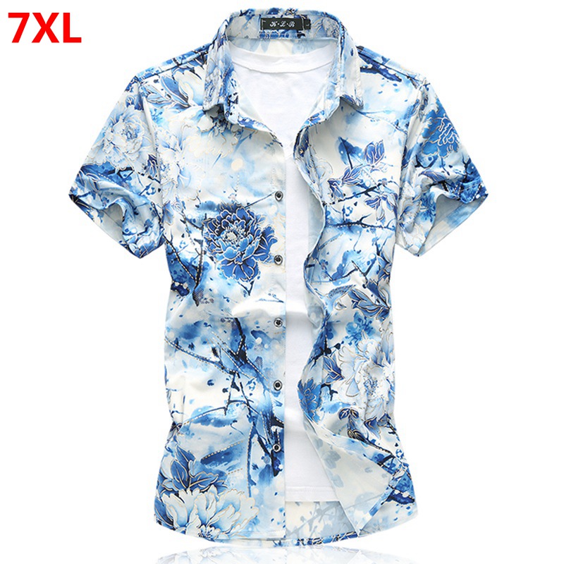 

Summer new large size flower shirt Outdoor beach shirt high quality stretch silk cotton short sleeve 7XL, Blue