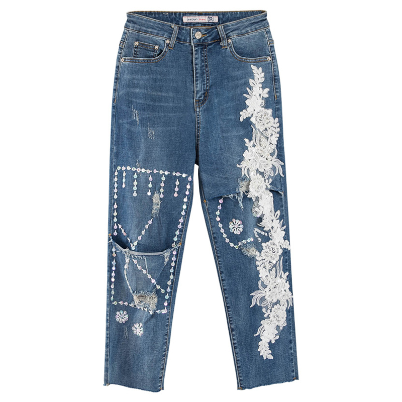 

Summer Spring Women High Waisted Embroidery Beading Sequined Flower Denim Trousers , Ripped Hole Jeans Pants for Woman, As pic