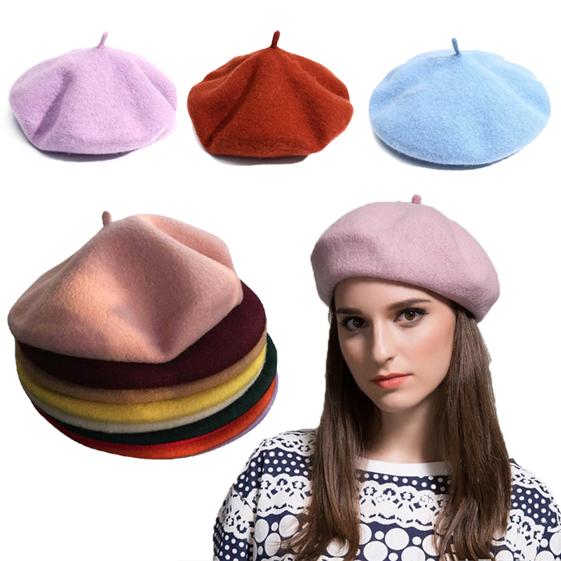 

French Style Solid Casual Vintage Hat Beret Plain Cap Wool Warm Winter Berets Beanie Hats Femme Aldult Caps For Women's Girl's, Pink