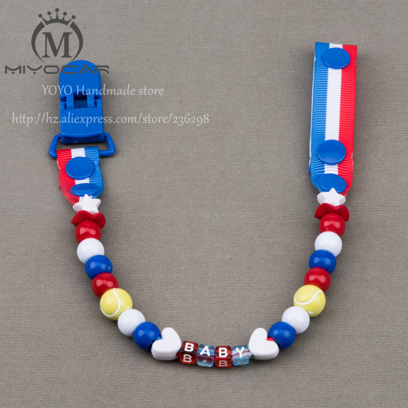 

MIYOCAR Any name Hand made blue red white tennis beads dummy clip holder pacifier clips soother chain for baby