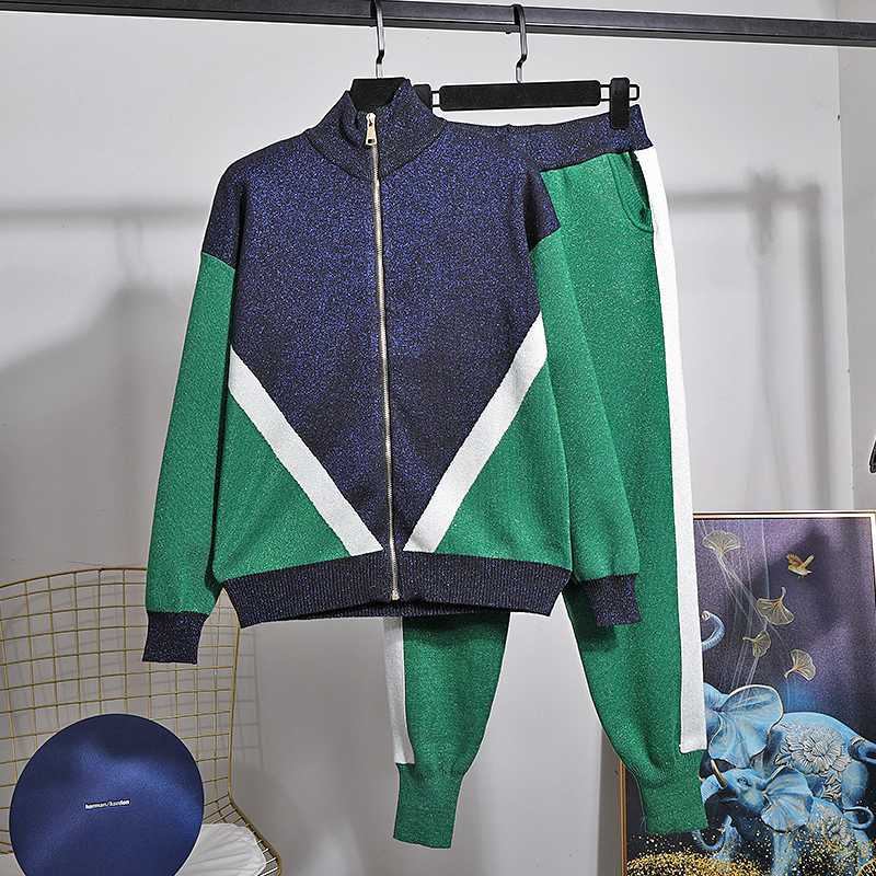 

2020 Spring New Female Fashion Thin Bright silk Thread Knitted Cardigan Coat + Casual Pants Two Piece Set Ladies Tops Tide H087, Green