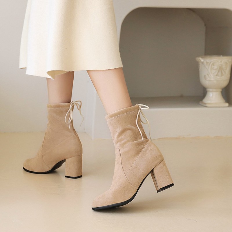 

Autumn And Winter new style fashion Thick heel Back Lace tie Short boots party Women's boots Beige plus size 34-45 high 7cm