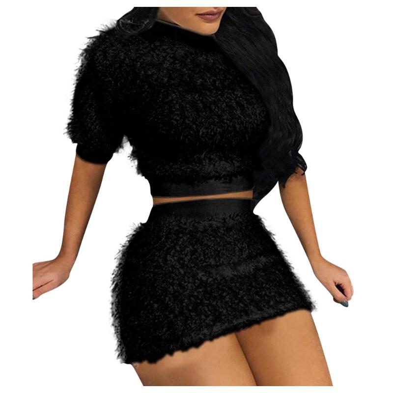 

Woman suit dress Autumn Winter Women' Plush Bag Hip Sexy Two-piece Short Skirt Suit F sweet solid dresses for women, Black