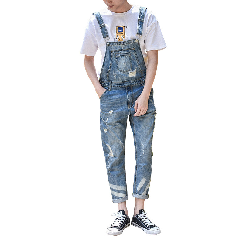 

2020 New Men's Denim Overalls Men Casual 9 Pants Jeans Jumpsuits For Men With Holes Nine Length Pants -3XL, Blue