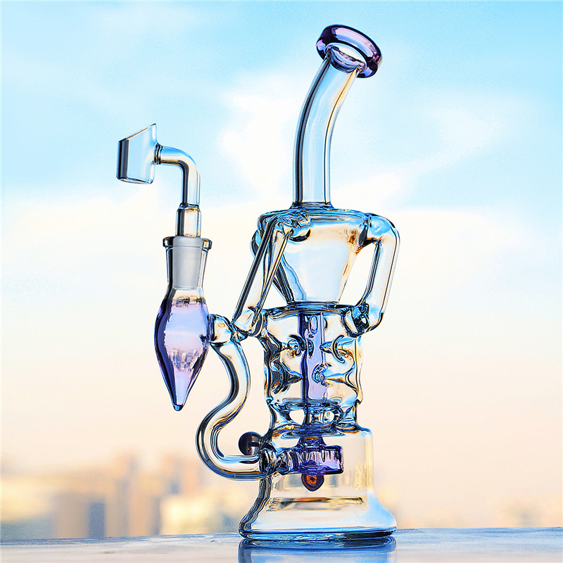 

Purple bong swiss perc glass pipe glass bubbler smoking pipe bent pipe water Glass bong recycler dab rig with 14mm banger free shipping