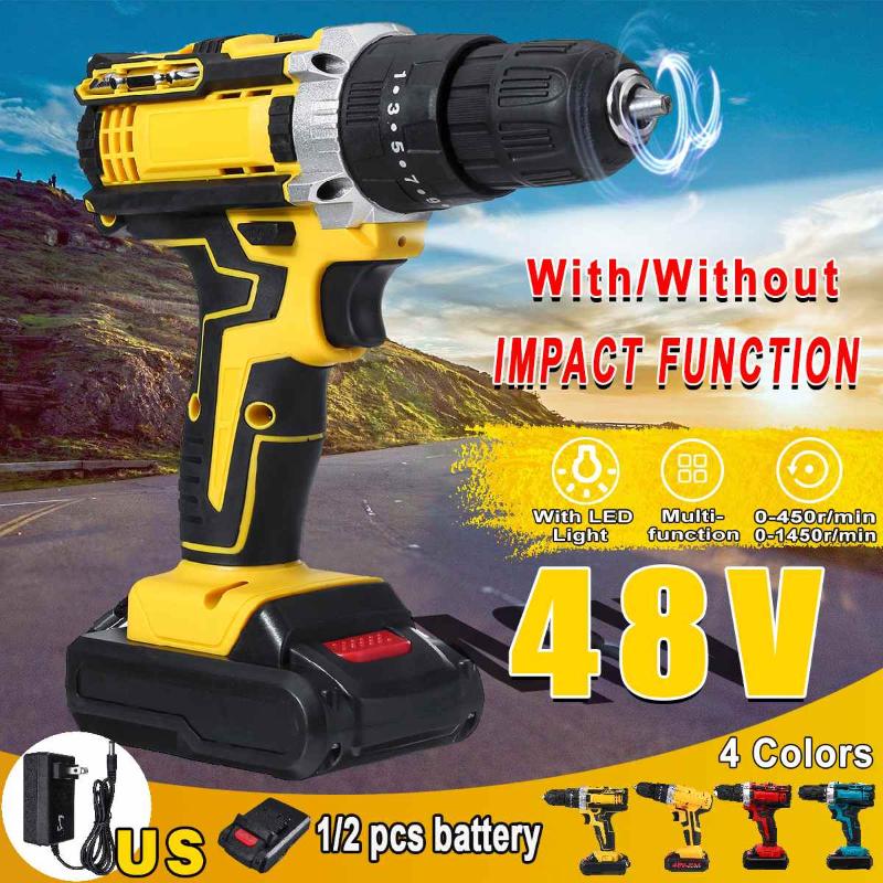 

3 In 1 48V Cordless Electric Hammer Drill Electric Screwdriver 25+3 Torque 2 Speed Cordless Impact Drill With 2 Lit-Ion Battery